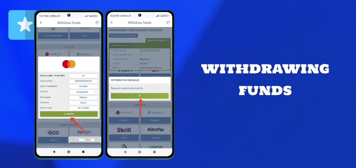 withdrawing funds via the application